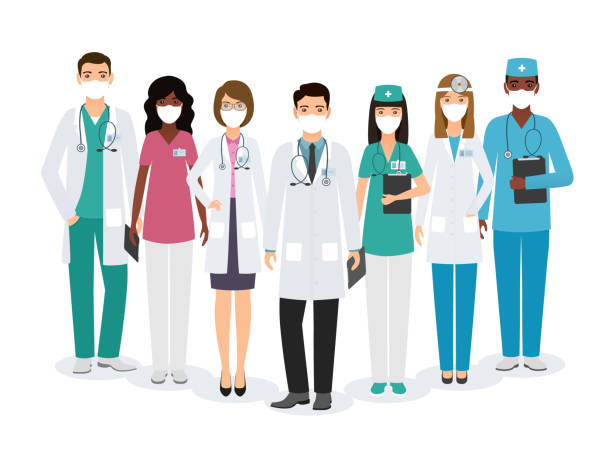Group of medical people characters in medical masks standing together in different poses on white background. Set doctors and nurses in uniform. Medic clinic advertising banner. Vector illustration